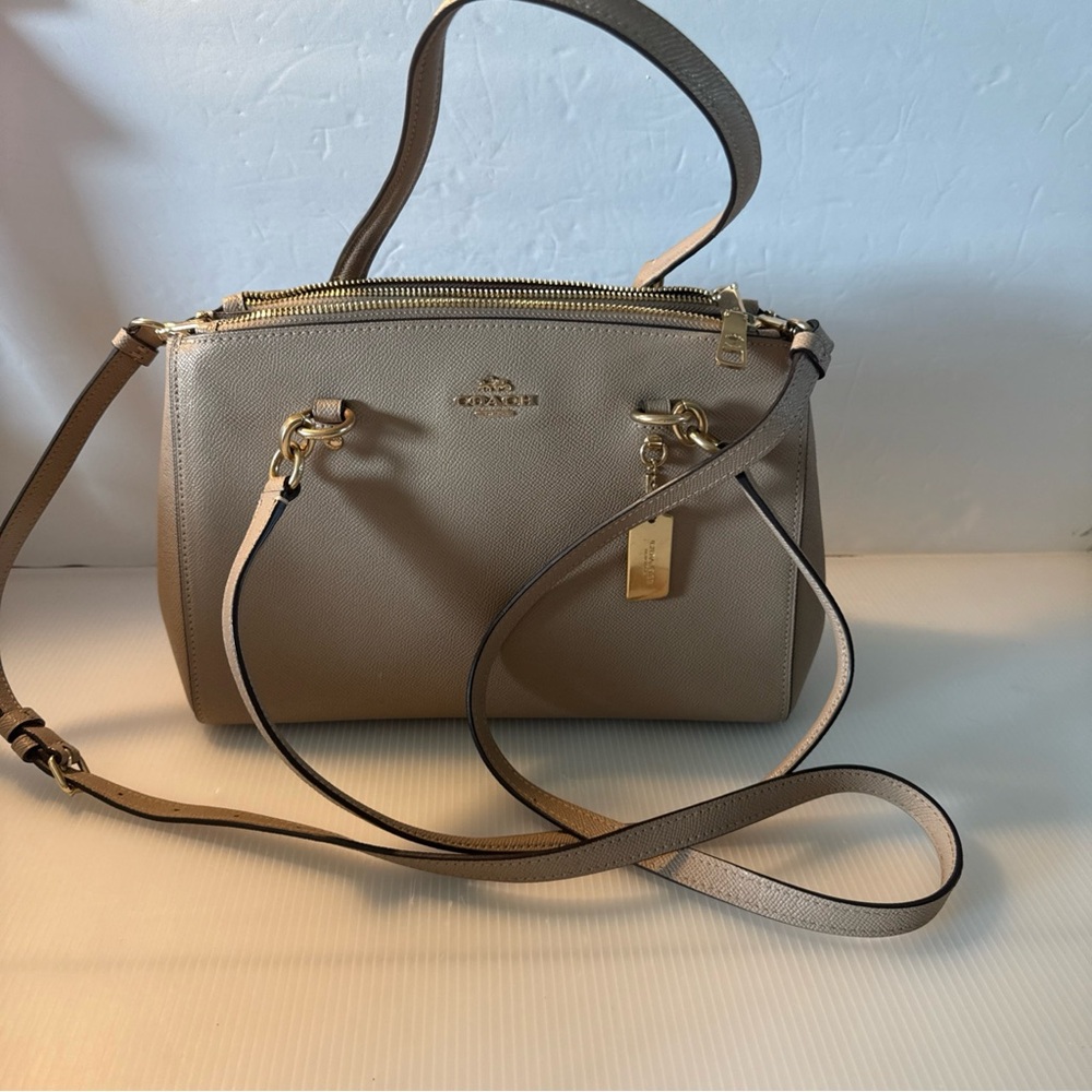 Coach Etta Carryall Beige Crossgrain Leather Satchel with Gold Accents